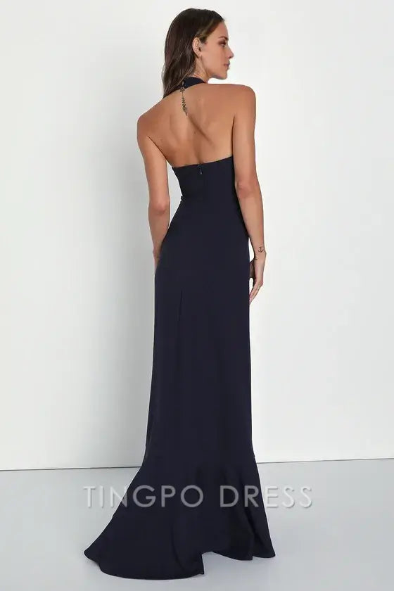TingPo Wholesale Signature Elegance Majestic Perfection Navy Blue Ruffled Halter Maxi Dress formal wear dresses